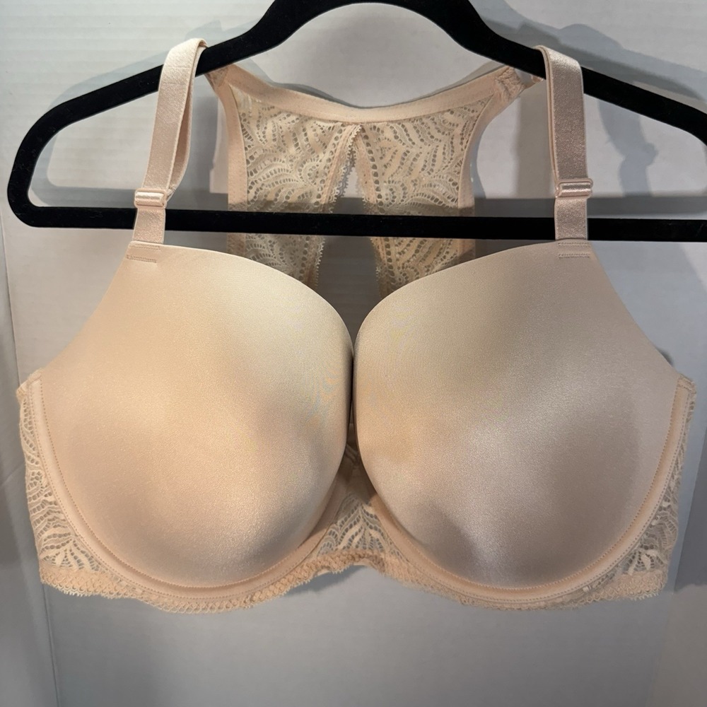 PARAMOUR Size 42DDD Bra Beige Lace 115011 Carolina Contour Plunge Racerback EUC